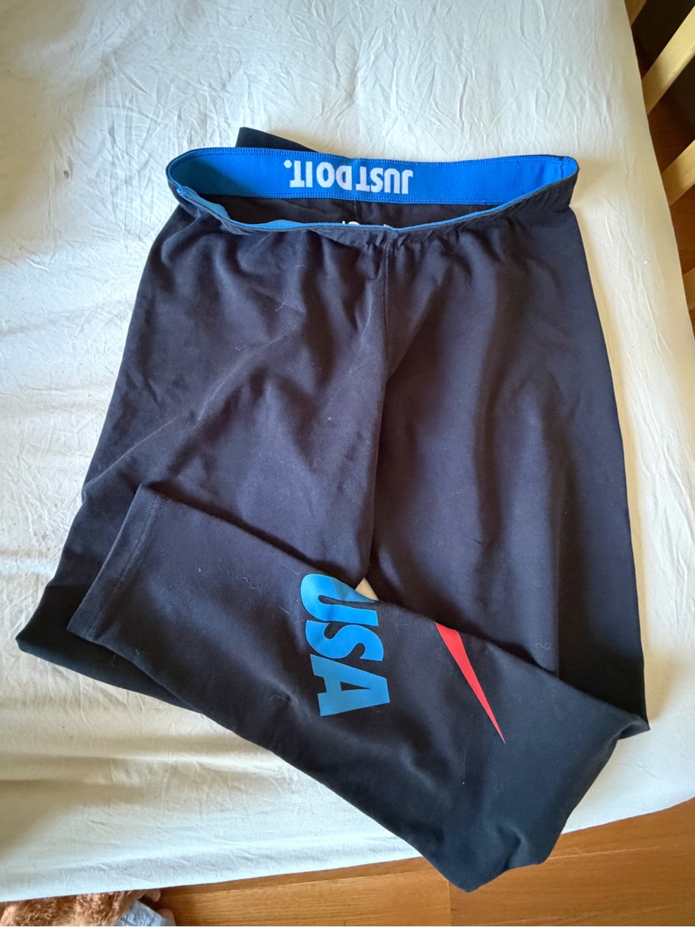 Nike Black Leggings with Blue USA Graphic and Red Swoosh
